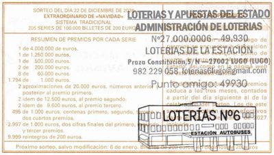 Reverso del décimo 17864 con el sello de la Administración nº 6 «Loterías de la Estación», en Lugo